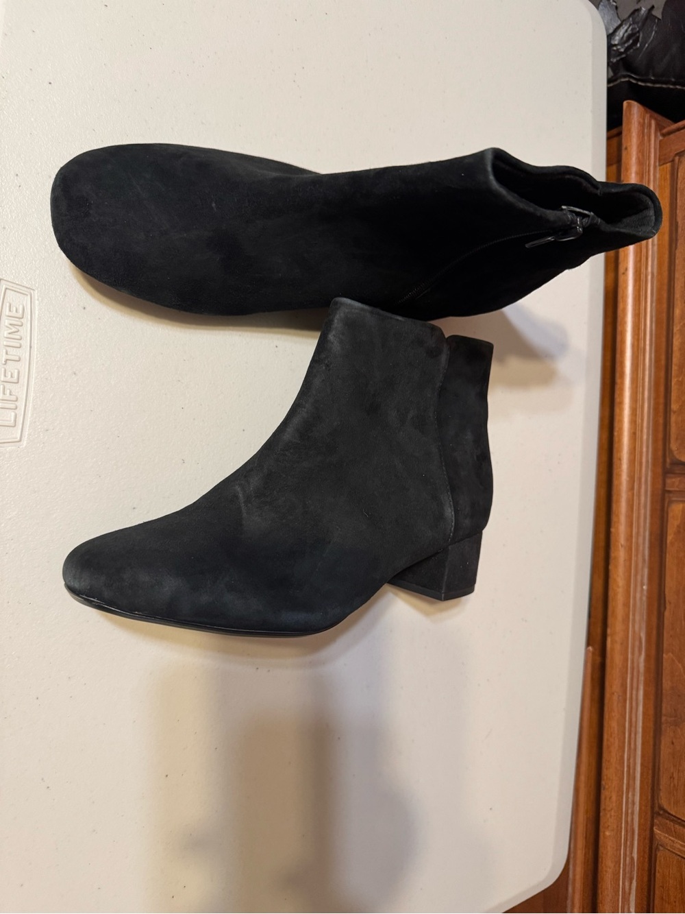 Clark’s Black Suede Ankle Boots with Block Heel size 8.5
New without box